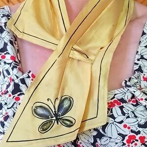 Rare 50s VERA Yellow Silk Butterfly Gem Print Neckercheif Scarf